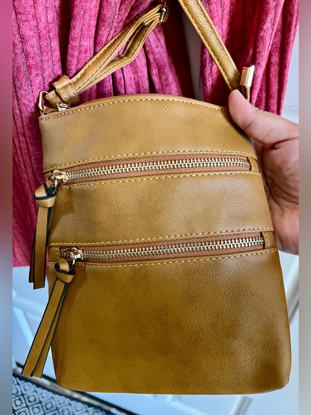 Everyday Tan Crossbody Bag with Dual Zip Pockets